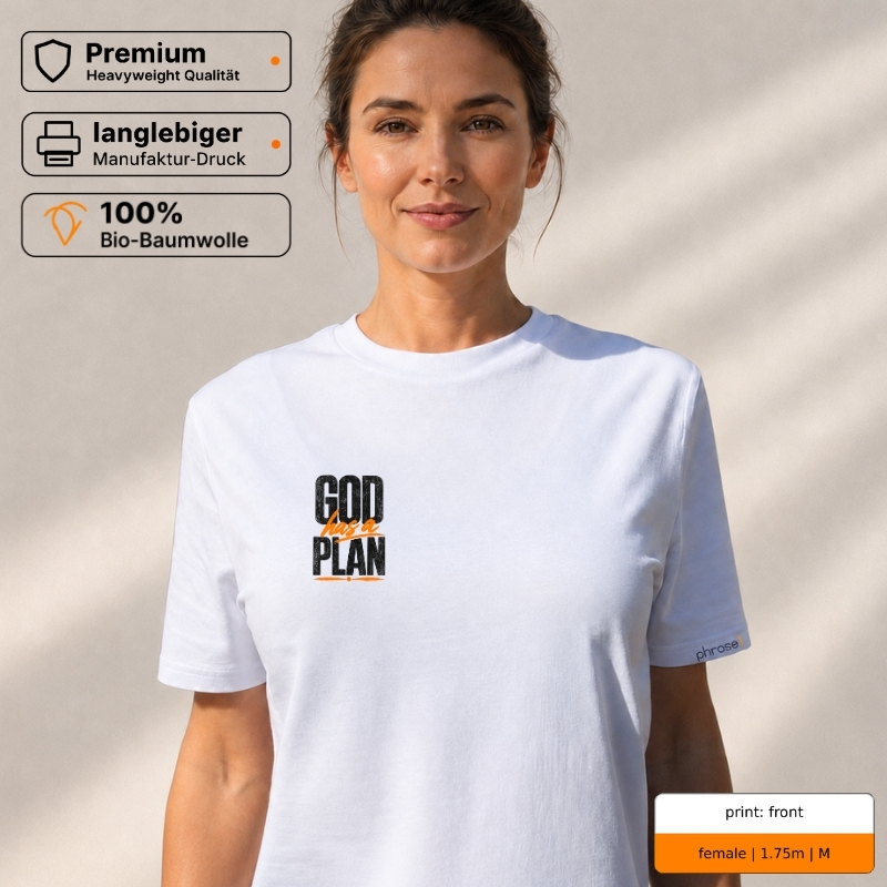 Premium T-Shirt „God has a plan“ mit Front- und Backprint