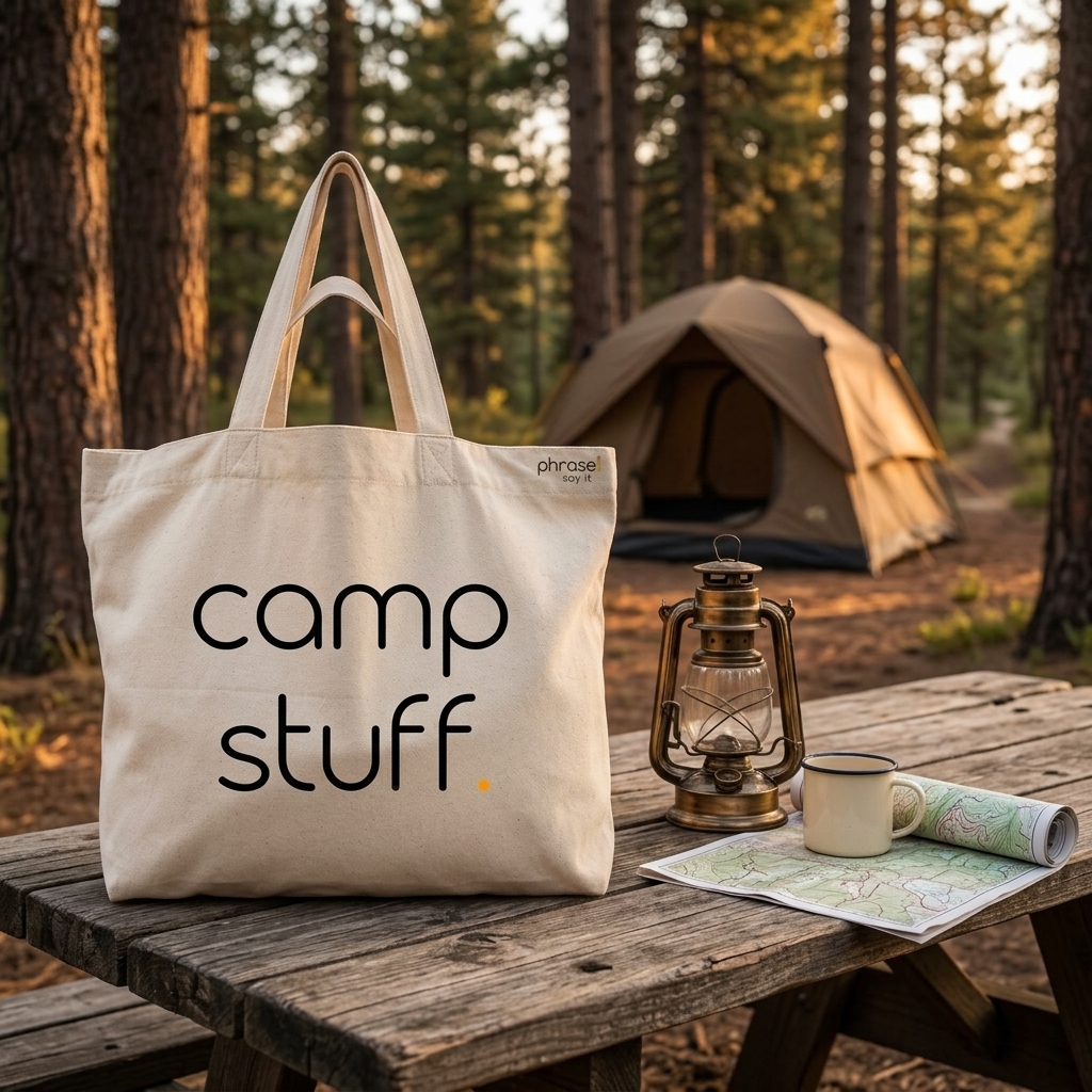 Premium Shopper mit Spruch „camp stuff."