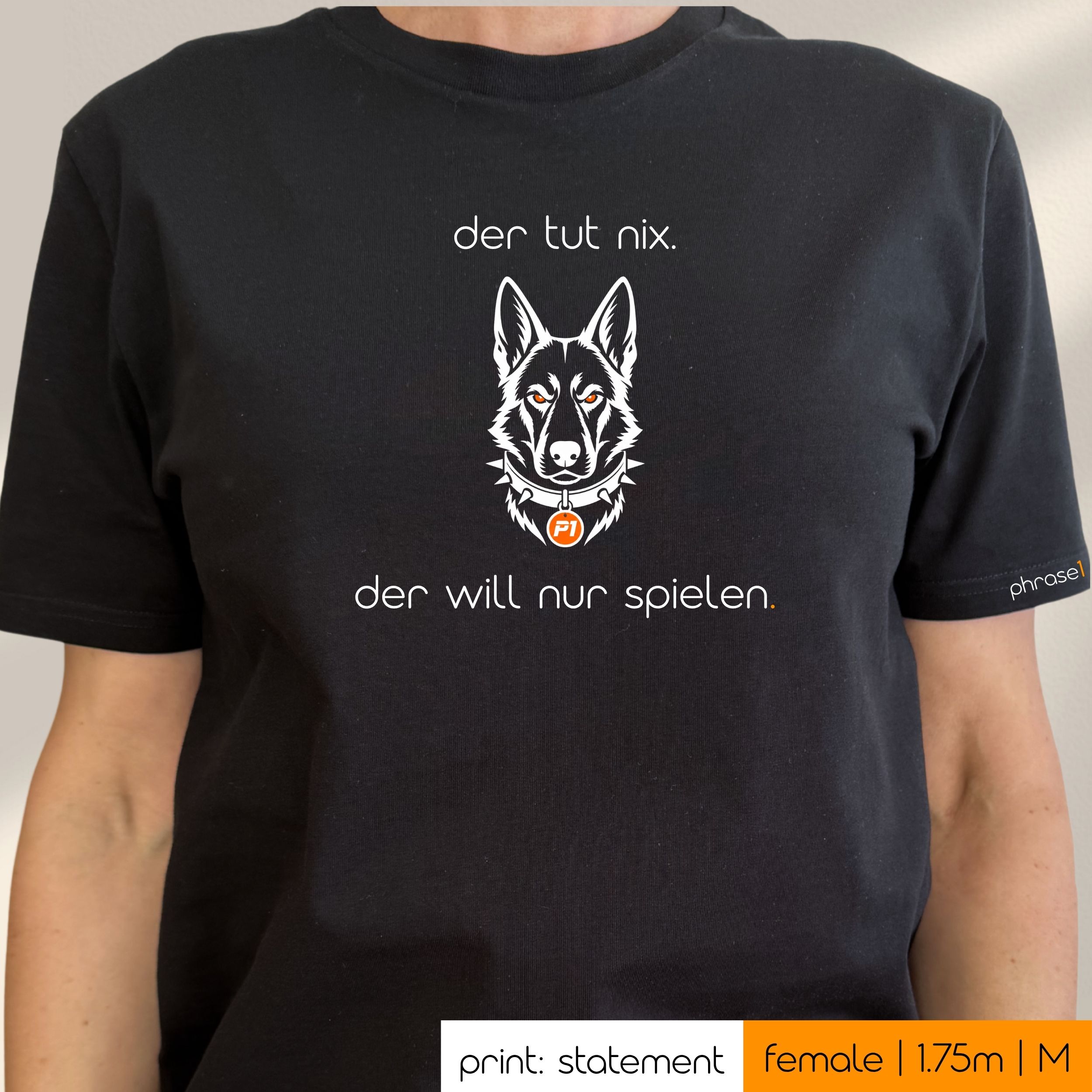 Premium T-Shirt mit Visual Schäferhund und Spruch „der tut nix. der will nur spielen.“ Premium T-Shirt mit Visual Schäferhund und Spruch „der tut nix. der will nur spielen.“