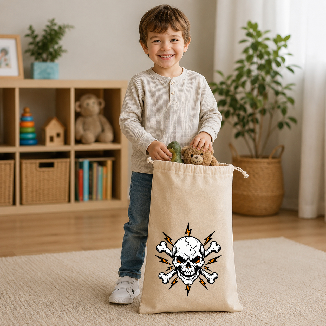 Zuziehbeutel "Totenkopf mit gekreuzten Knochen und Blitzen" Zuziehbeutel "Totenkopf mit gekreuzten Knochen und Blitzen"