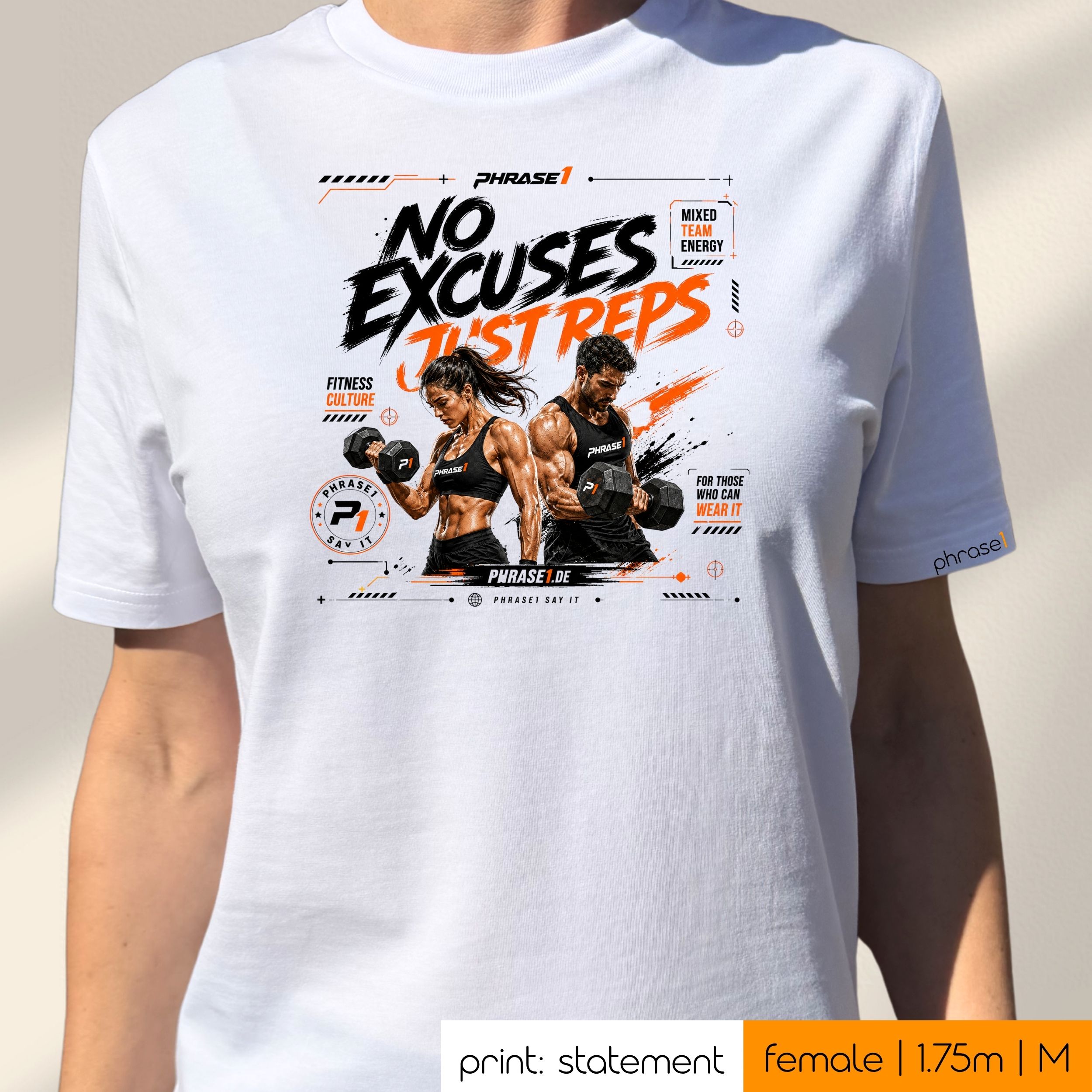 Premium T-Shirt mit Visual "NO EXCUSES JUST REPS" (Fitness Edition) Premium T-Shirt mit Visual "NO EXCUSES JUST REPS" (Fitness Edition)