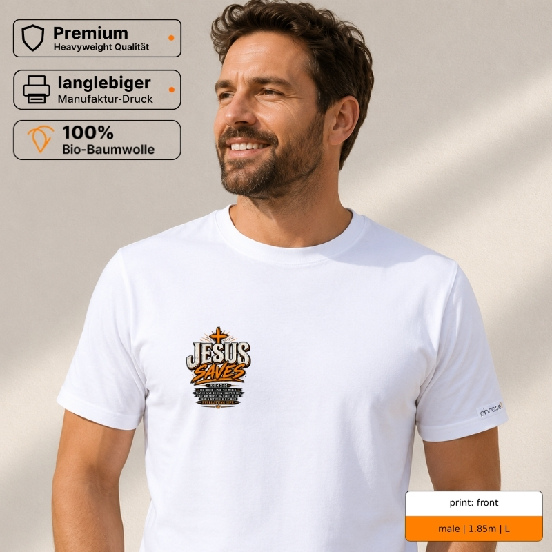 Premium T-Shirt „Jesus Saves“ mit Front- und Backprint