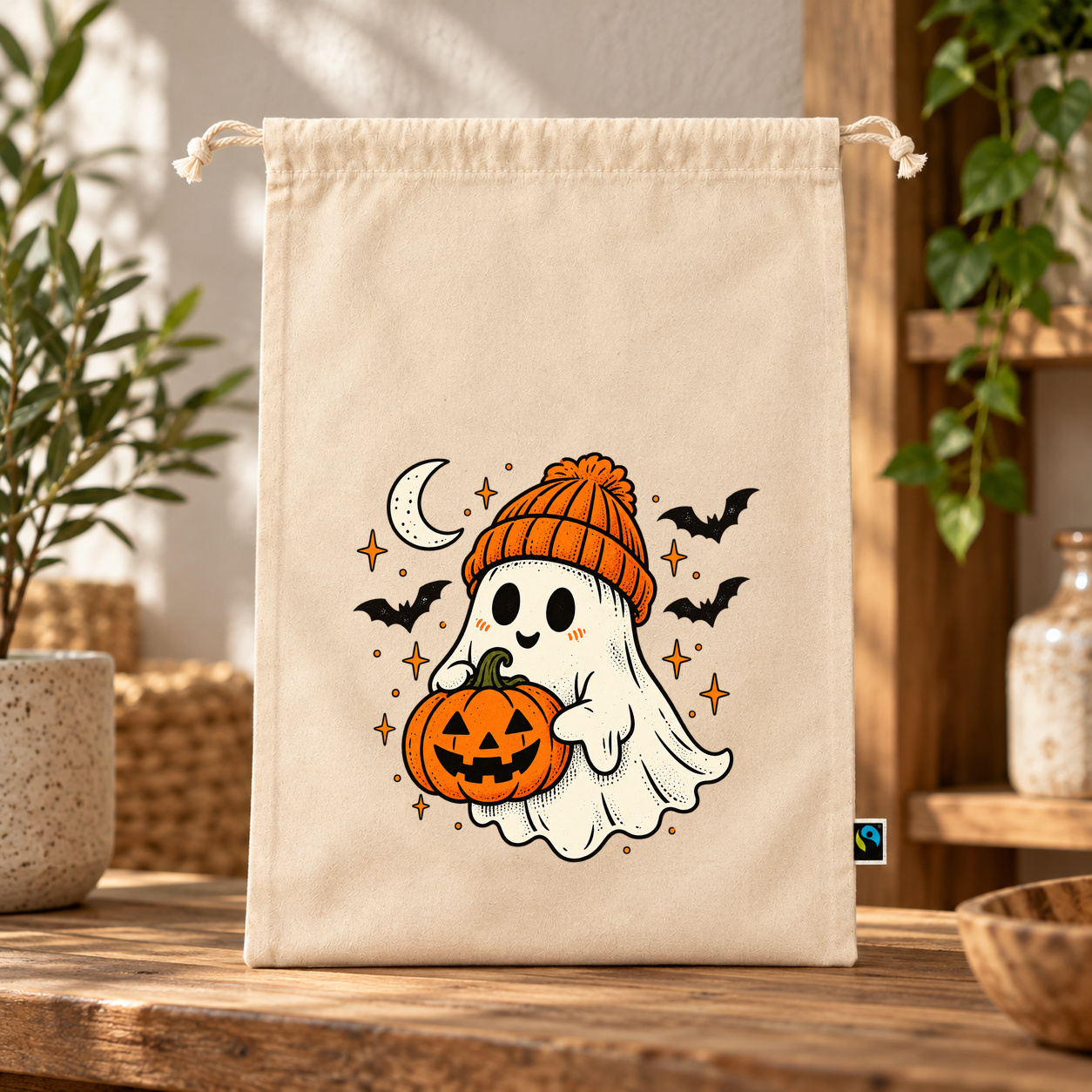 Zuziehbeutel „Halloween Geist mit Kürbis.“ Zuziehbeutel „Halloween Geist mit Kürbis.“