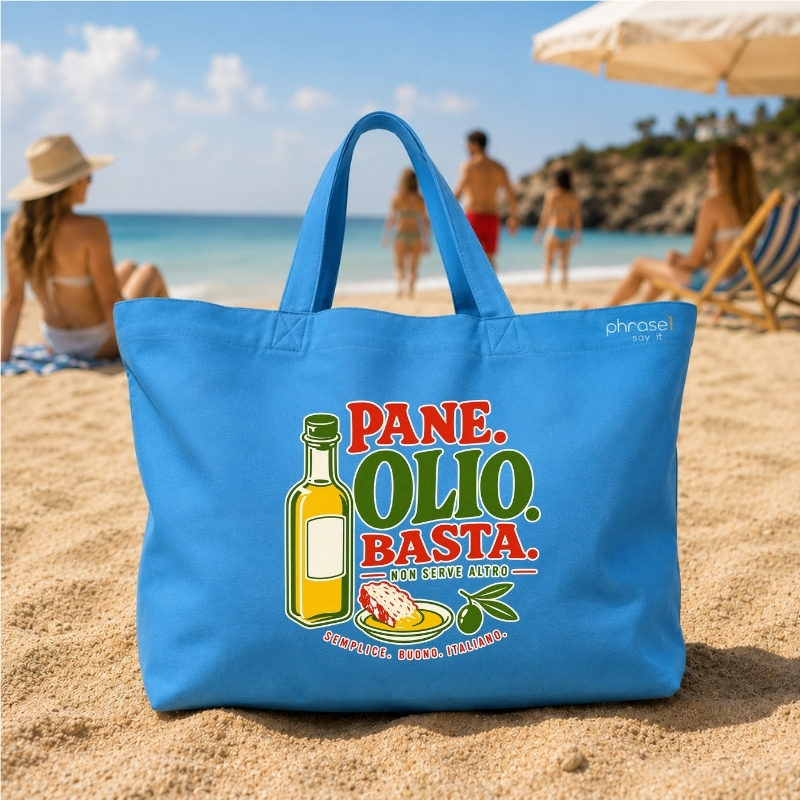 Beach Bag / Big Shopper mit „PANE. OLIO. BASTA.“ Italo-Motiv