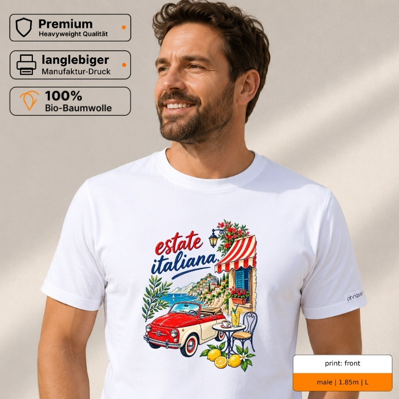 Premium T-Shirt mit „estate italiana.“ Italo-Motiv und Backprint „la dolce vita“