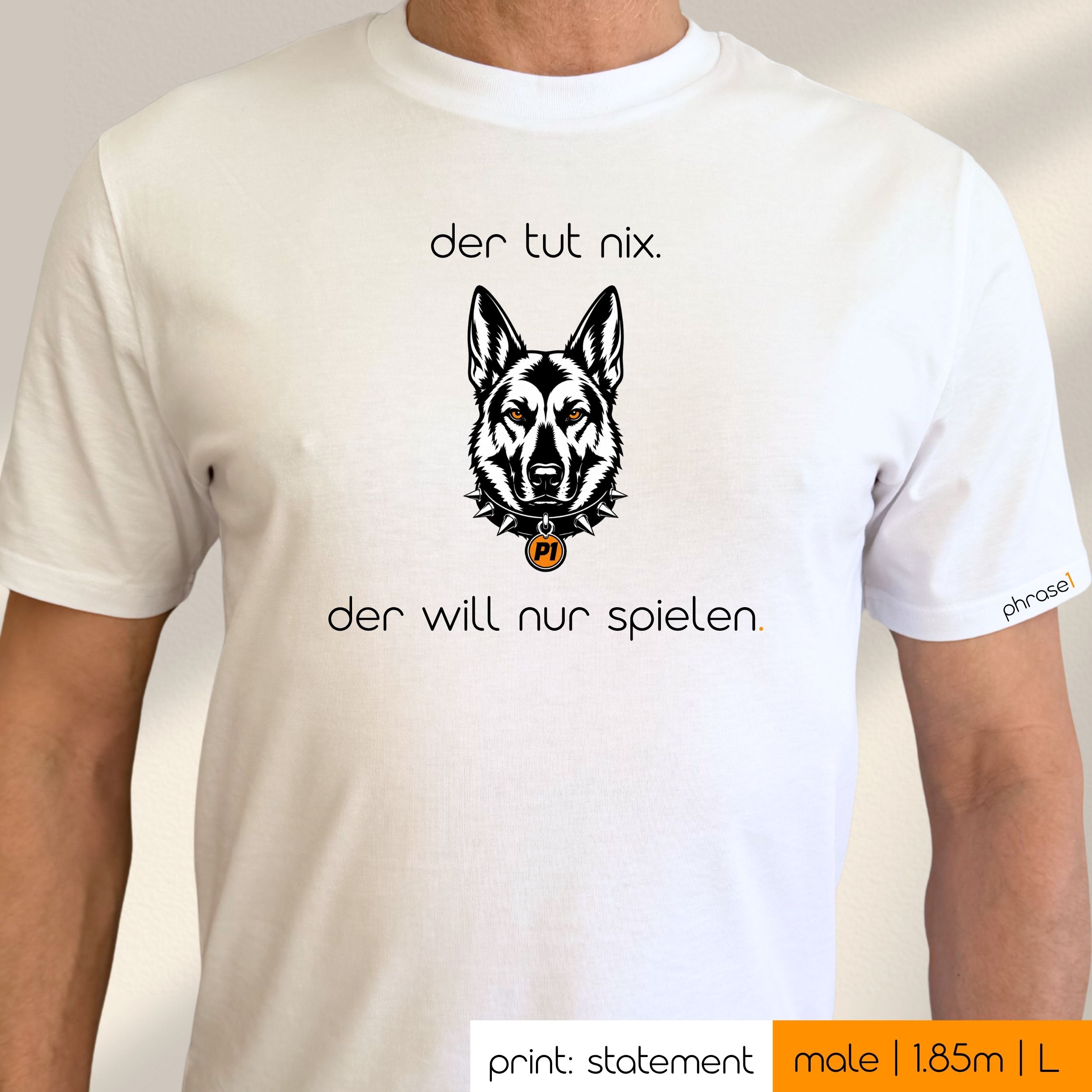 Premium T-Shirt mit Visual Schäferhund und Spruch „der tut nix. der will nur spielen.“