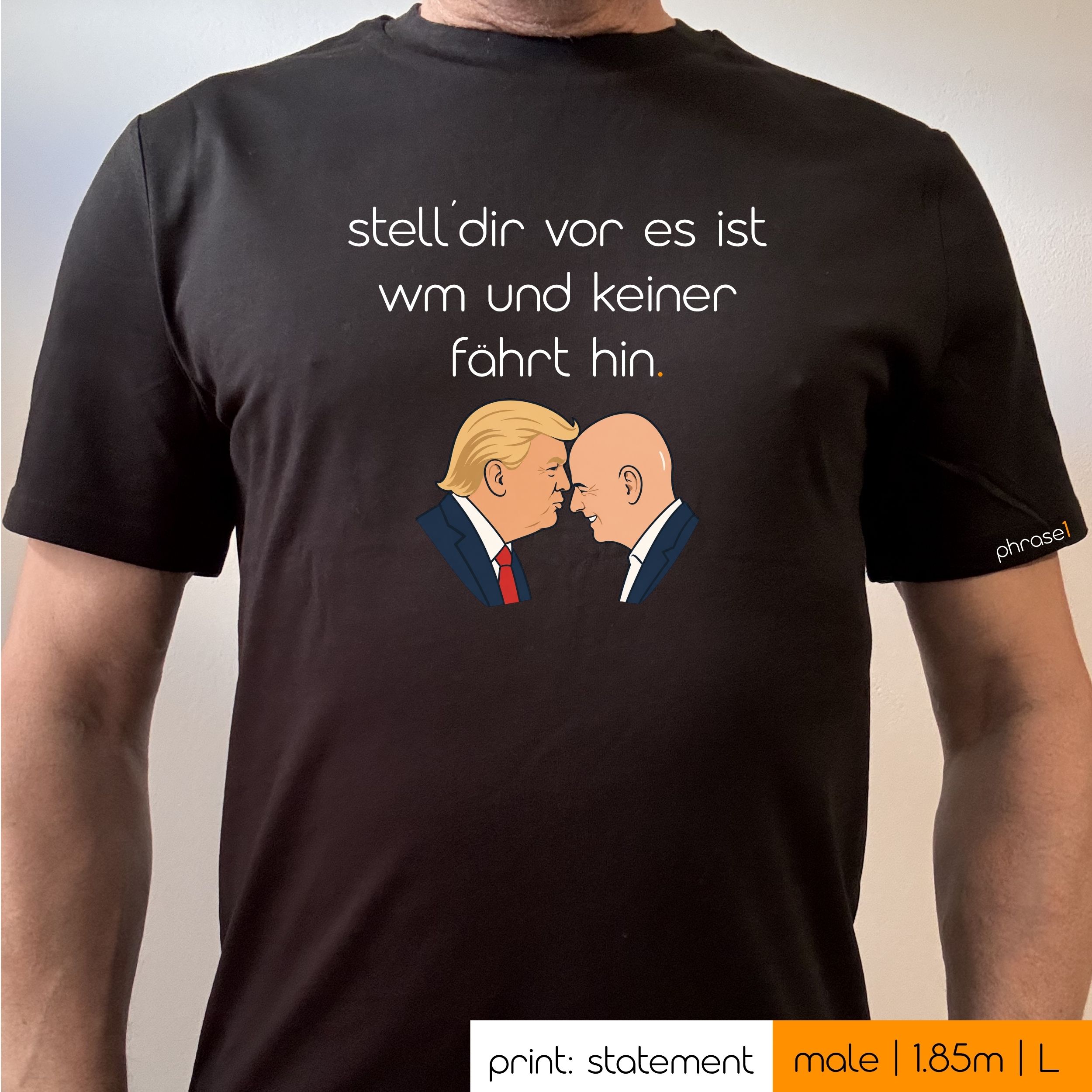 Premium T-Shirt mit Spruch "stell´dir vor es ist wm und keiner fährt hin" und Visual Trump-Infantino