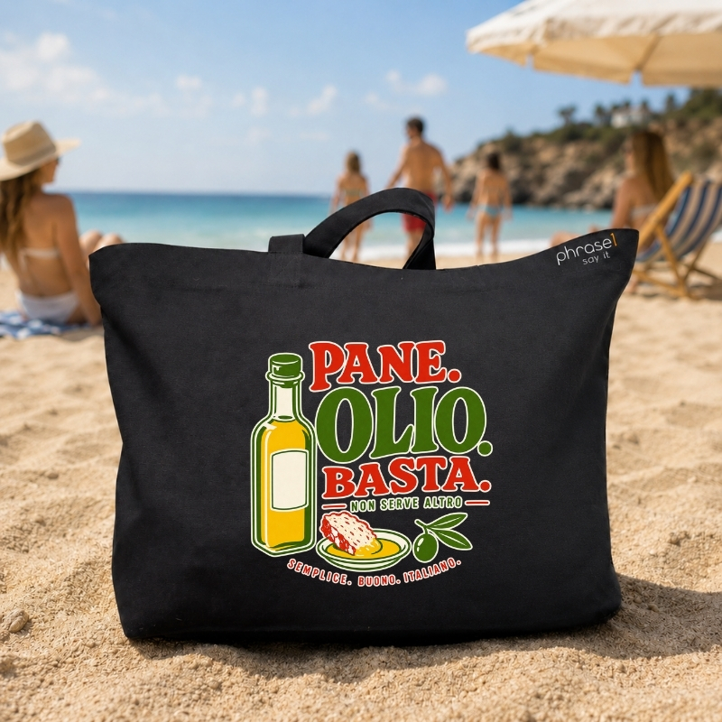 Beach Bag / Big Shopper mit „PANE. OLIO. BASTA.“ Italo-Motiv