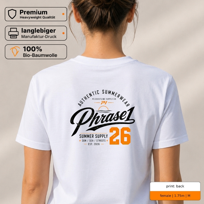Premium T-Shirt „PHRASE1 SUMMER SUPPLY 26“ – p1 beachwear Rückenprint