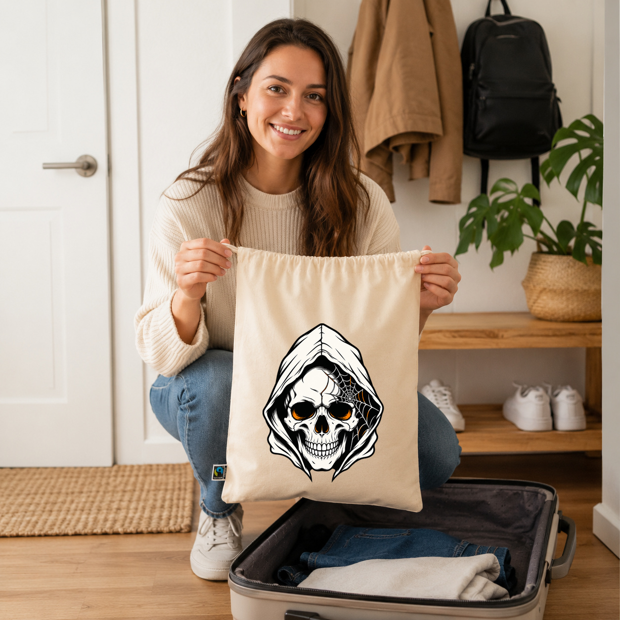 Zuziehbeutel "Totenkopf mit Kapuze und Spinnennetz"