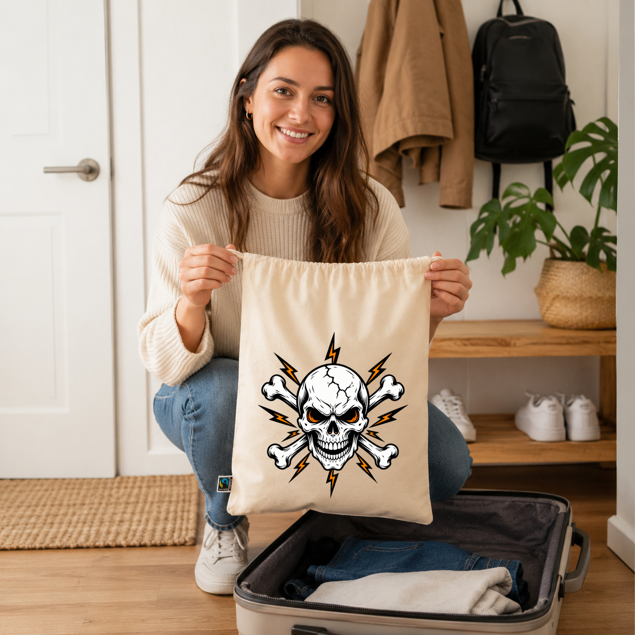 Zuziehbeutel "Totenkopf mit gekreuzten Knochen und Blitzen" Zuziehbeutel "Totenkopf mit gekreuzten Knochen und Blitzen"