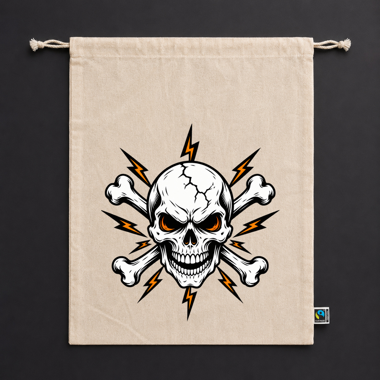 Zuziehbeutel "Totenkopf mit gekreuzten Knochen und Blitzen" Zuziehbeutel "Totenkopf mit gekreuzten Knochen und Blitzen"