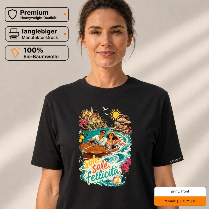 Premium T-Shirt mit „sole. sale. felicità.“ Italo-Motiv und Backprint „la dolce vita“