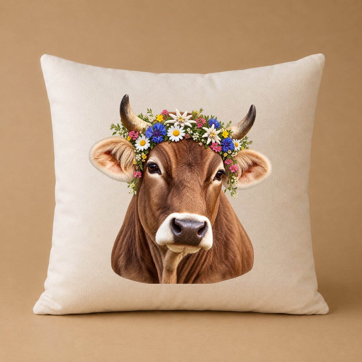 Kissenhülle "Allgäuer Braunvieh mit Blumenkranz" Kissenhülle "Allgäuer Braunvieh mit Blumenkranz"