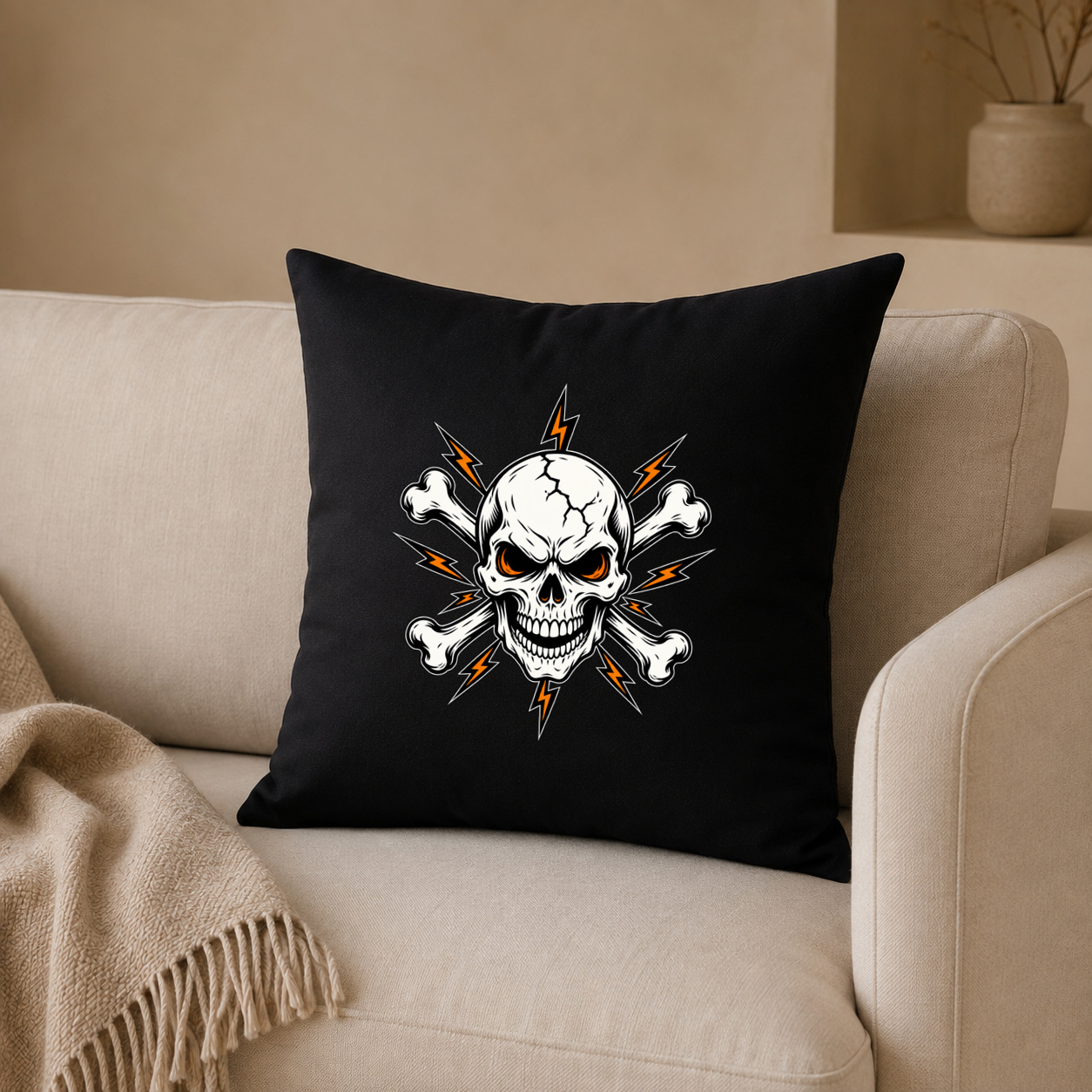 Kissenhülle "Totenkopf mit gekreuzten Knochen und Blitzen"