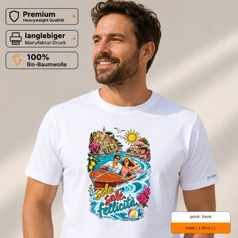 Premium T-Shirt mit „sole. sale. felicità.“ Italo-Motiv und Backprint „la dolce vita“
