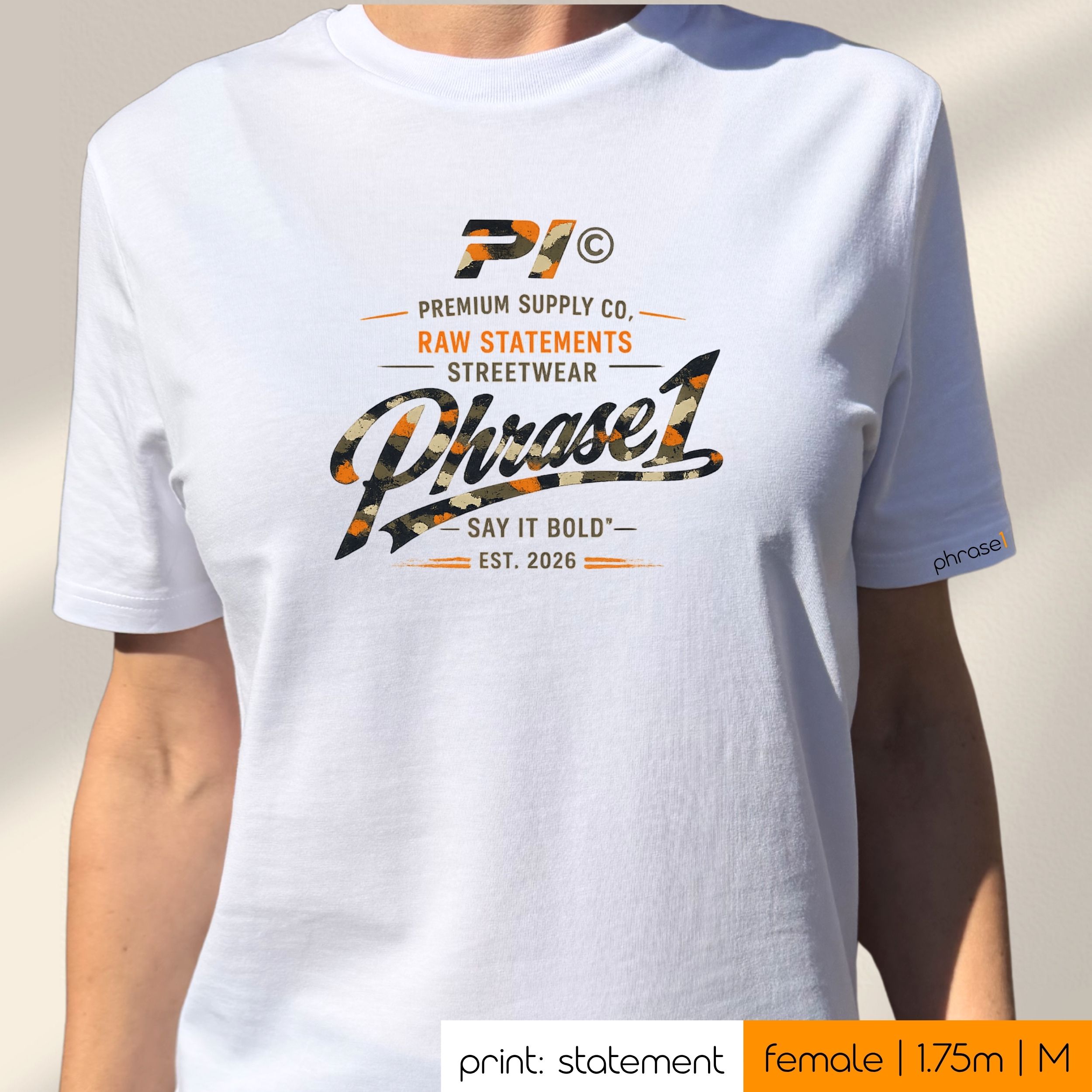 Premium T-Shirt mit Visual "Phrase1 Raw Statements Streetwear" Premium T-Shirt mit Visual "Phrase1 Raw Statements Streetwear"