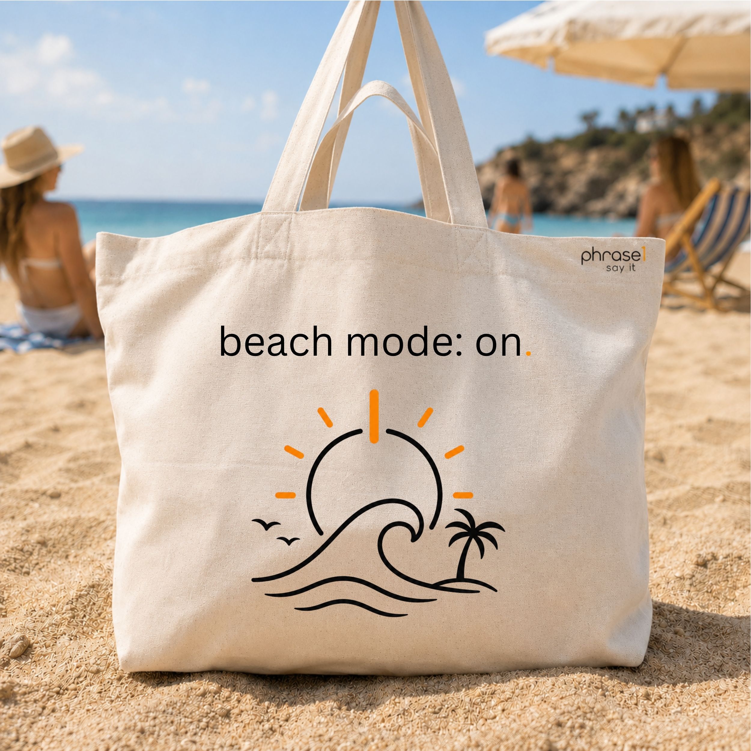 Premium Shopper mit Spruch "beach mode: on." und Visual Beack