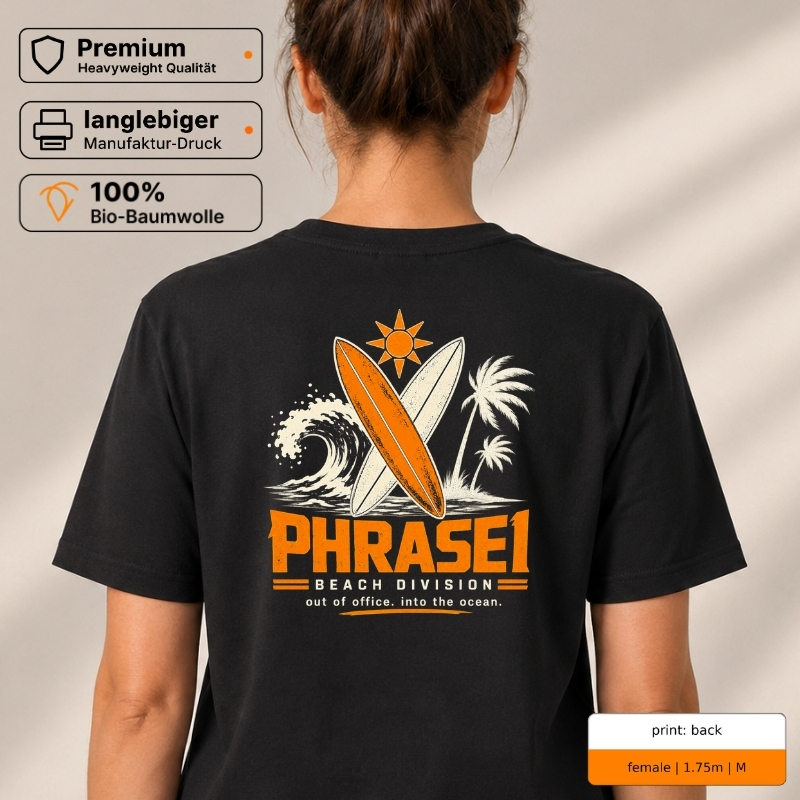 Premium T-Shirt „PHRASE1 BEACH DIVISION“ mit Surf-Rückenprint Premium T-Shirt „PHRASE1 BEACH DIVISION“ mit Surf-Rückenprint