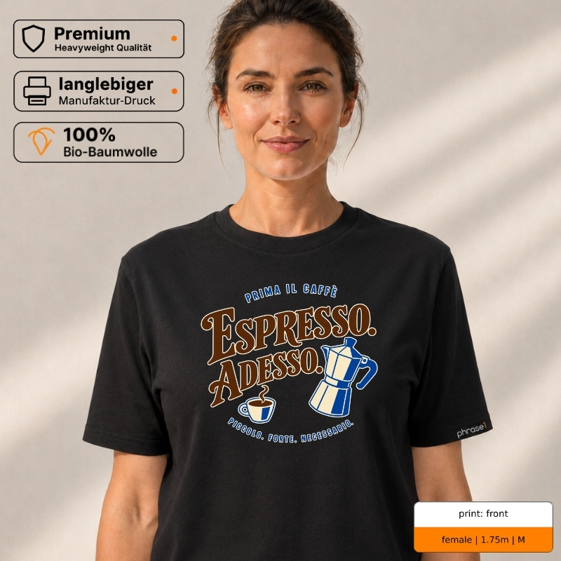 Premium T-Shirt mit „ESPRESSO. ADESSO.“ Italo-Motiv und Backprint „la dolce vita“