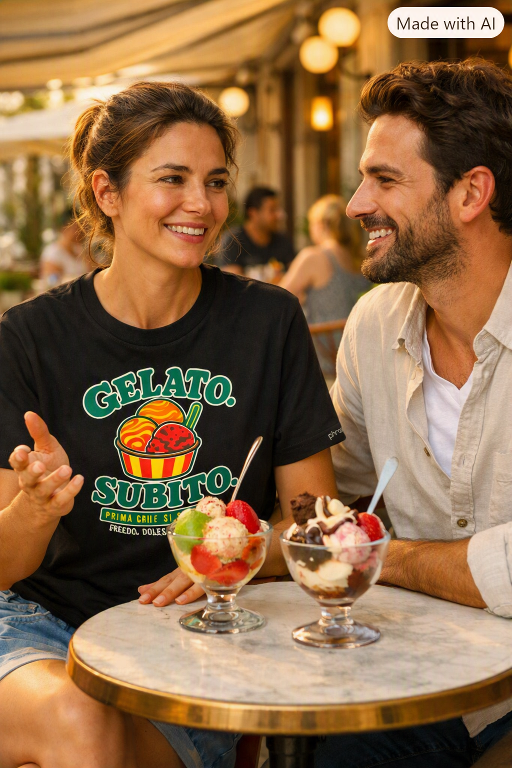 Premium T-Shirt mit „GELATO. SUBITO.“ Italo-Motiv und Backprint „la dolce vita“