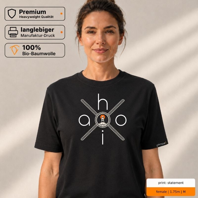 Premium T-Shirt mit „ahoi.“ Leuchtturm- und Tau-Motiv Premium T-Shirt mit „ahoi.“ Leuchtturm- und Tau-Motiv