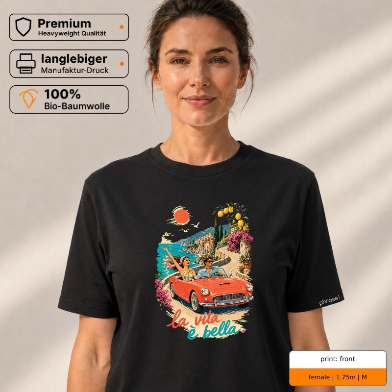 Premium T-Shirt mit „la vita è bella.“ Italo-Motiv und Backprint „la dolce vita“