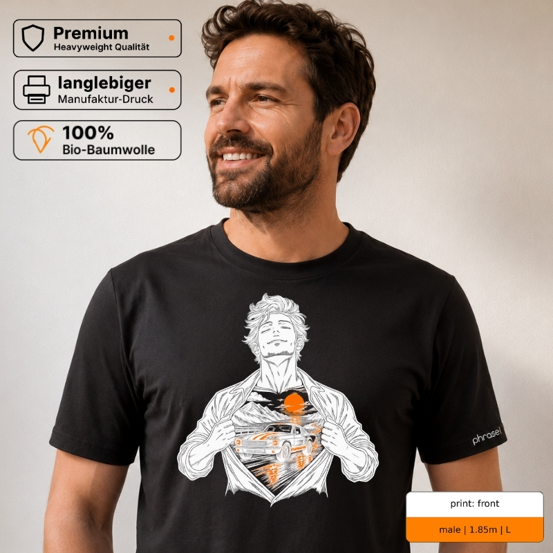 Premium T-Shirt „petrolhead“ mit Sportwagen-Motiv und Rückenprint