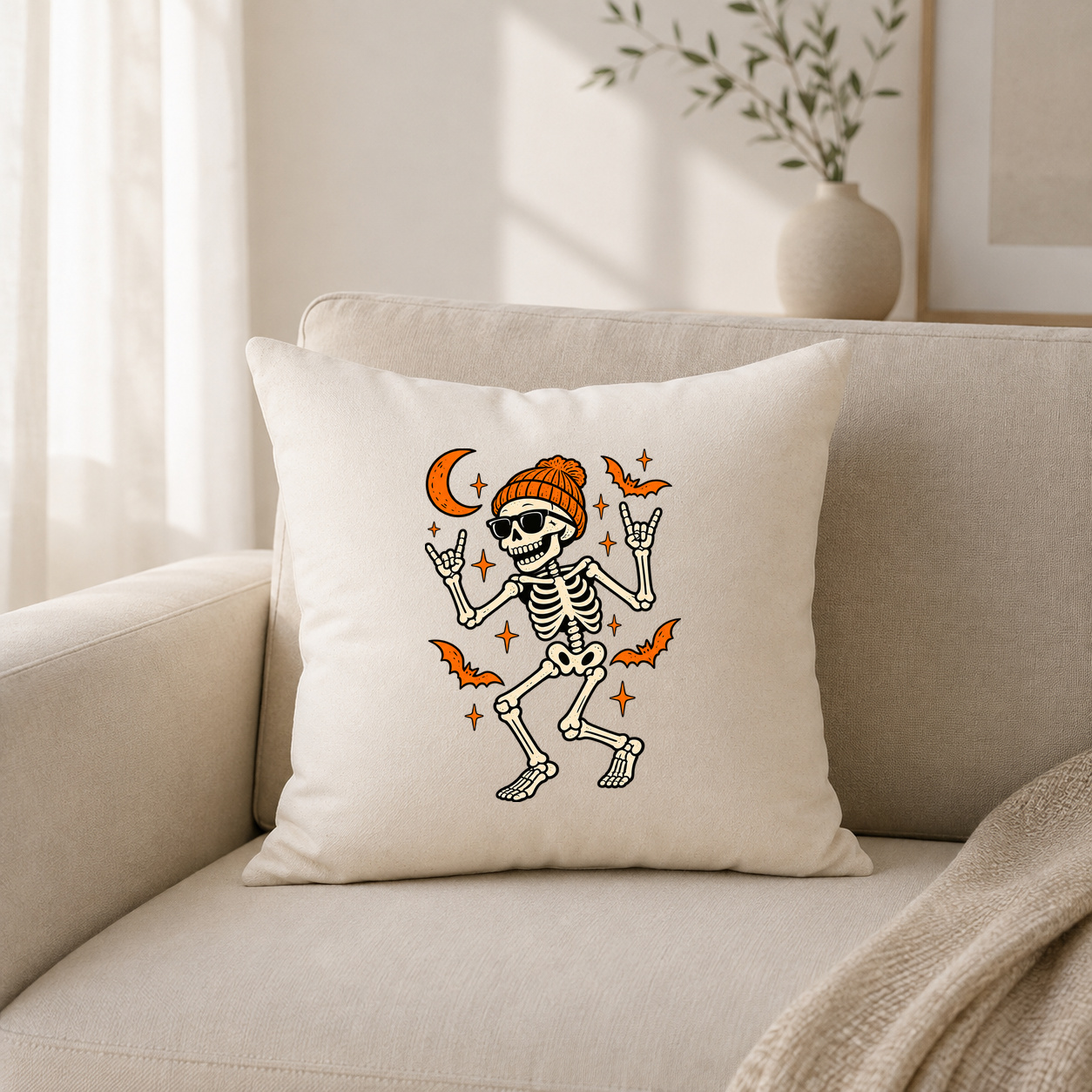 Kissenhülle „Halloween Skelett mit Mütze.“