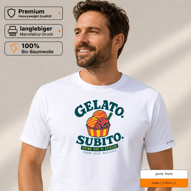 Premium T-Shirt mit „GELATO. SUBITO.“ Italo-Motiv und Backprint „la dolce vita“