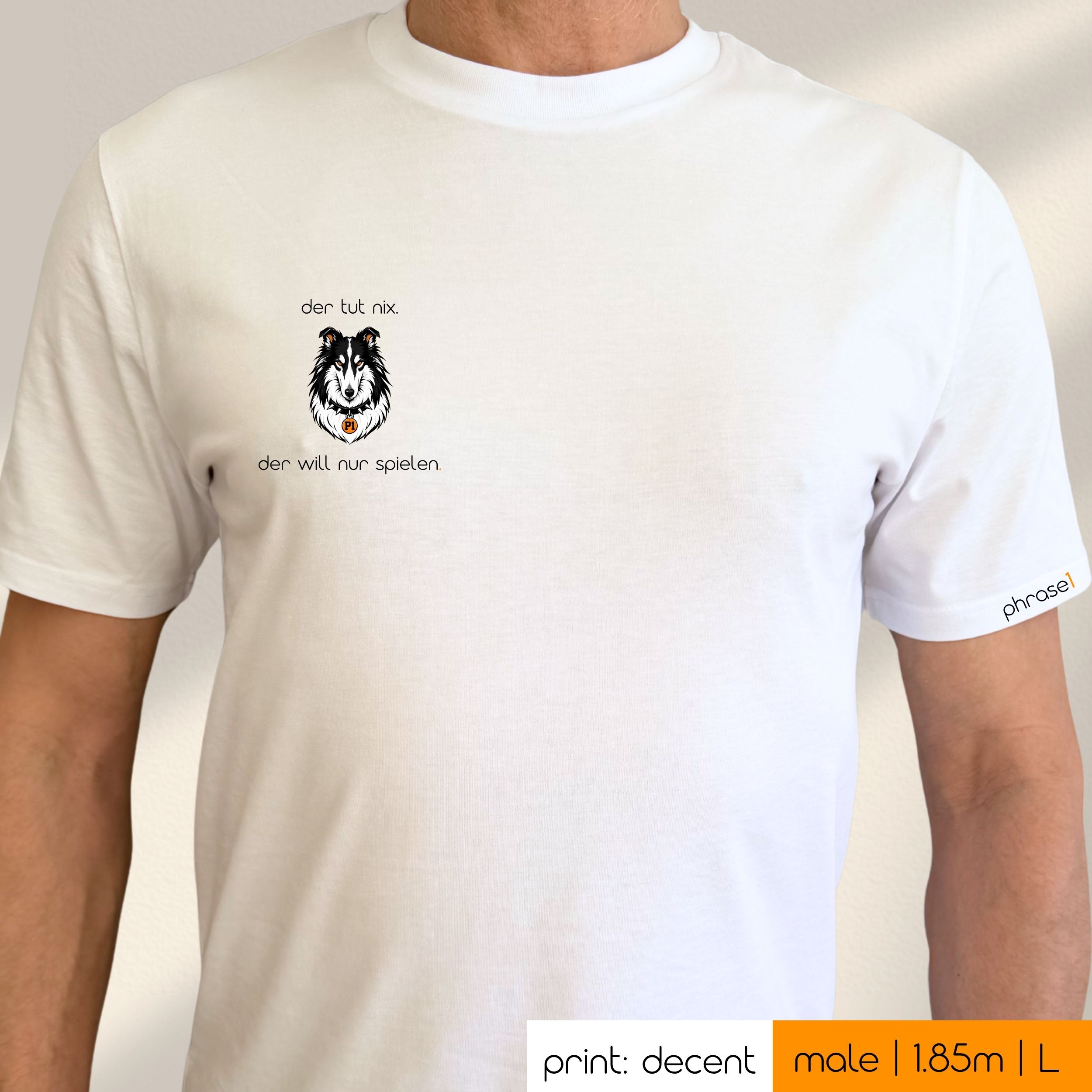 Premium T-Shirt mit Visual Border Collie und Spruch „der tut nix. der will nur spielen.“