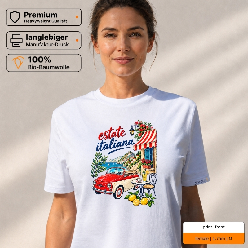 Premium T-Shirt mit „estate italiana.“ Italo-Motiv und Backprint „la dolce vita“