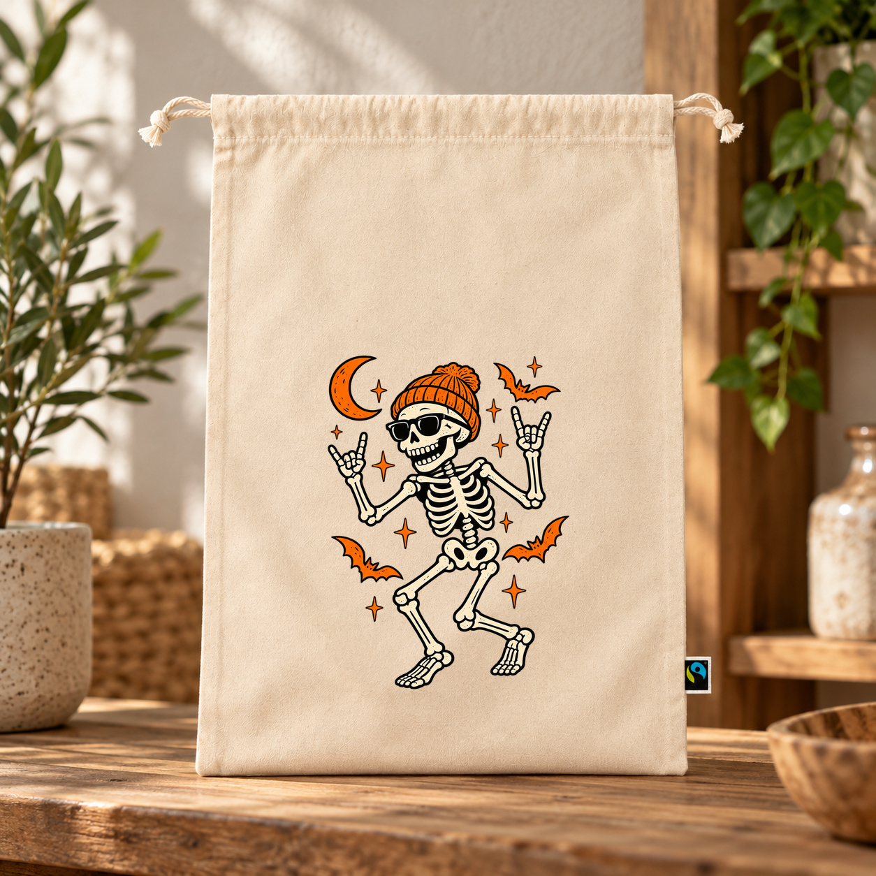 Zuziehbeutel „Halloween Skelett mit Mütze.“