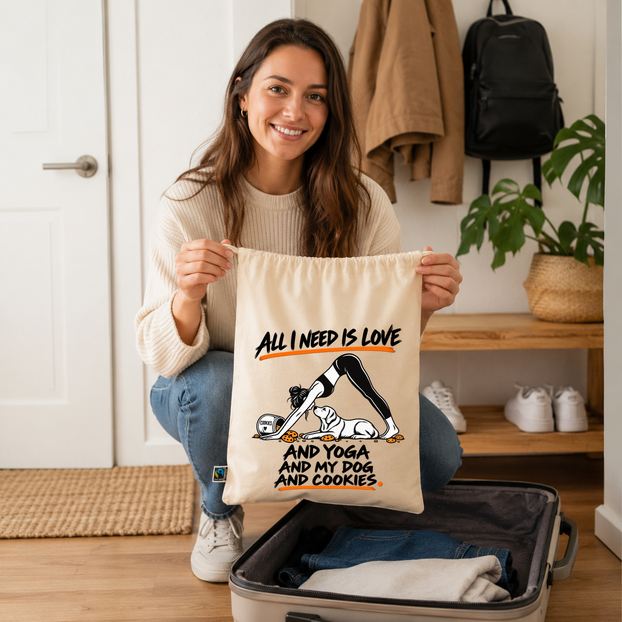 Zuziehbeutel "ALL I NEED IS LOVE AND YOGA AND MY DOG AND COOKIES." Zuziehbeutel "ALL I NEED IS LOVE AND YOGA AND MY DOG AND COOKIES."