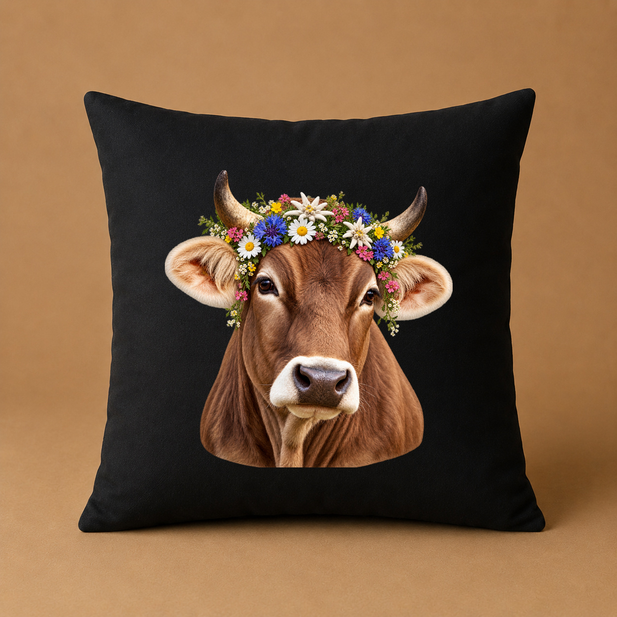 Kissenhülle "Allgäuer Braunvieh mit Blumenkranz"