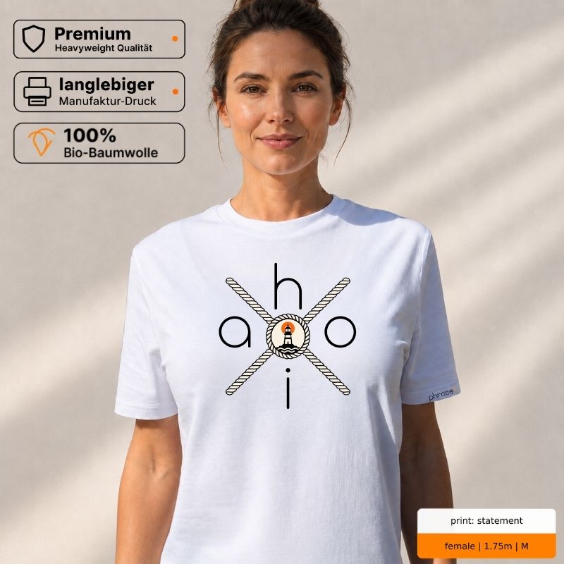 Premium T-Shirt mit „ahoi.“ Leuchtturm- und Tau-Motiv Premium T-Shirt mit „ahoi.“ Leuchtturm- und Tau-Motiv