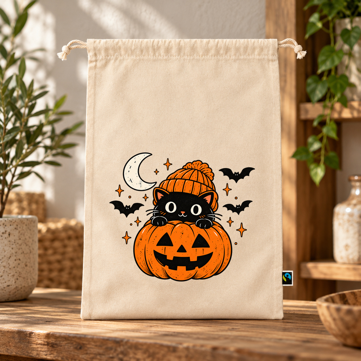 Zuziehbeutel „Halloween Katze im Kürbis.“ Zuziehbeutel „Halloween Katze im Kürbis.“