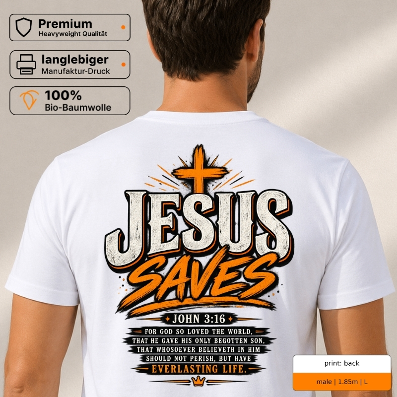 Premium T-Shirt „Jesus Saves“ mit Front- und Backprint
