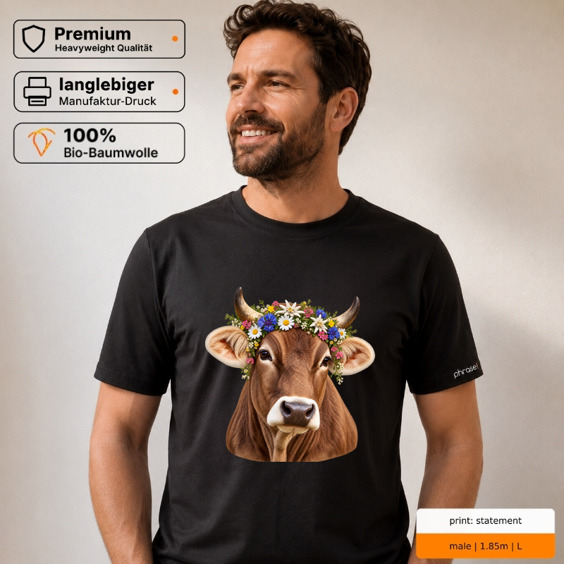 Premium T-Shirt "Allgäuer Braunvieh mit Blumenkranz" Premium T-Shirt "Allgäuer Braunvieh mit Blumenkranz"