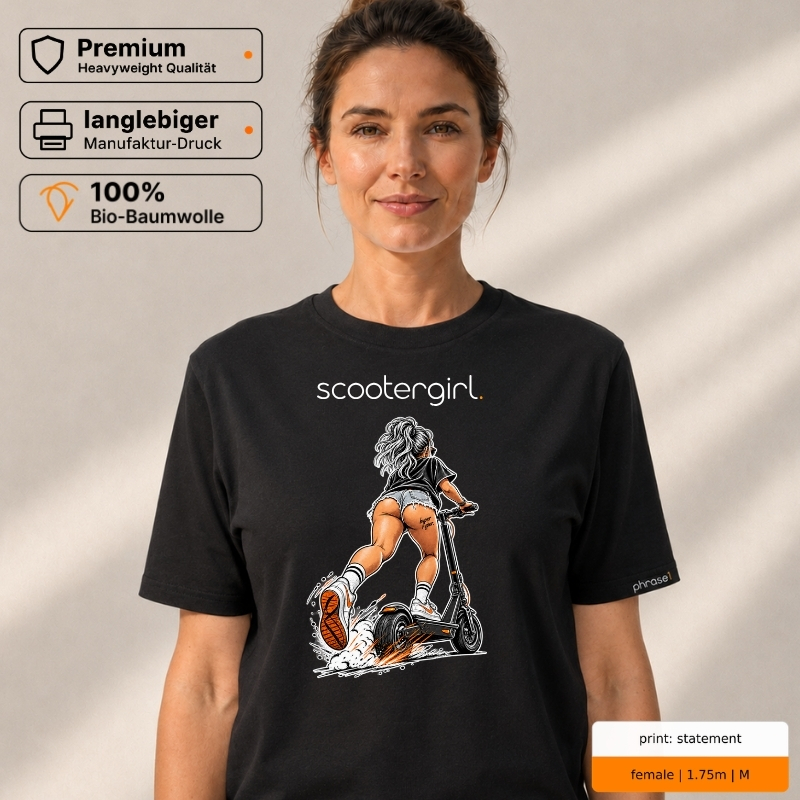 Premium T-Shirt „scootergirl.“ mit E-Scooter-Motiv Premium T-Shirt „scootergirl.“ mit E-Scooter-Motiv