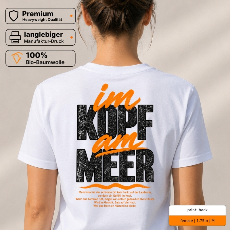 Premium T-Shirt „im Kopf am Meer“ mit Front- und Backprint