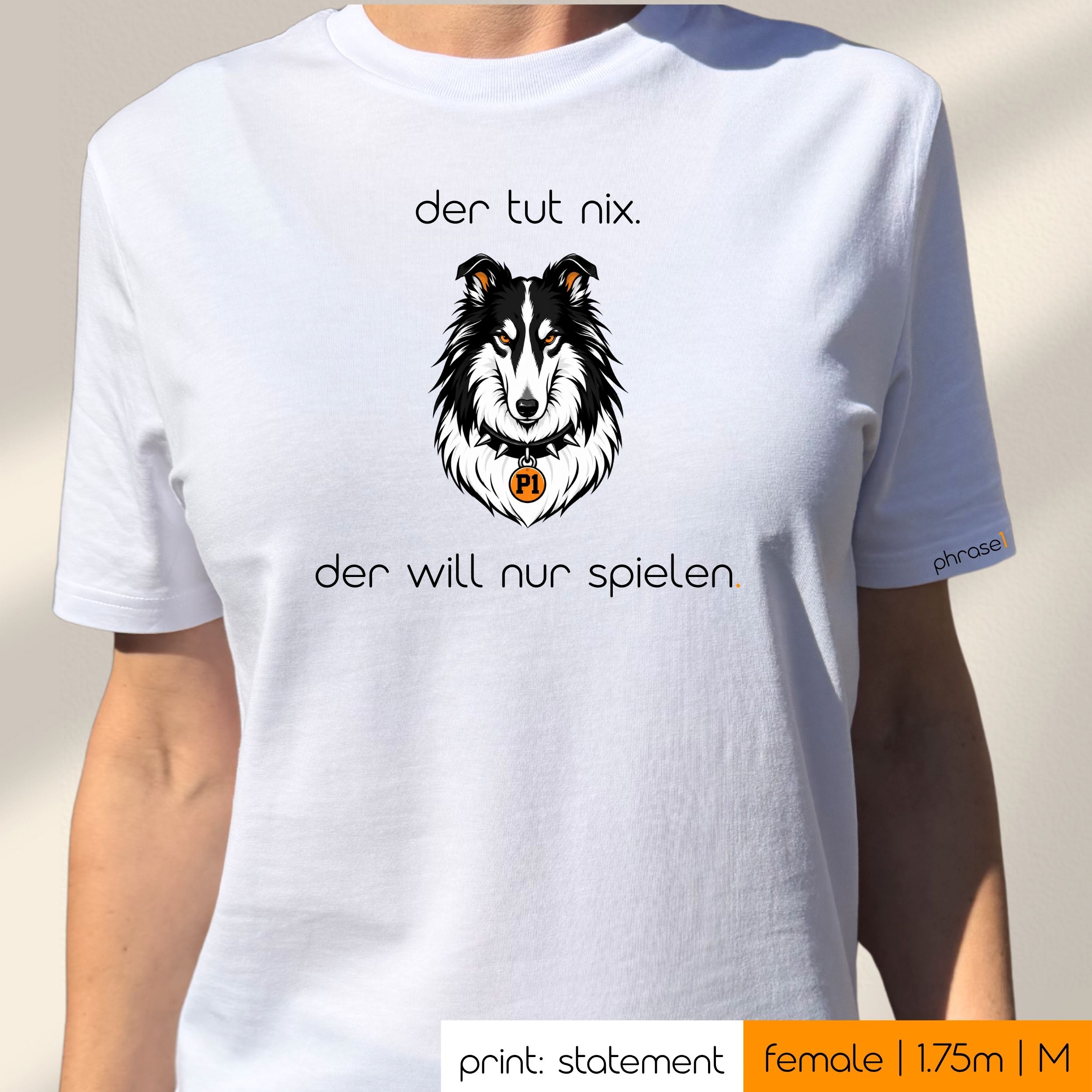Premium T-Shirt mit Visual Border Collie und Spruch „der tut nix. der will nur spielen.“