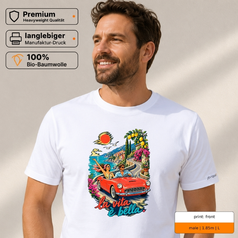Premium T-Shirt mit „la vita è bella.“ Italo-Motiv und Backprint „la dolce vita“