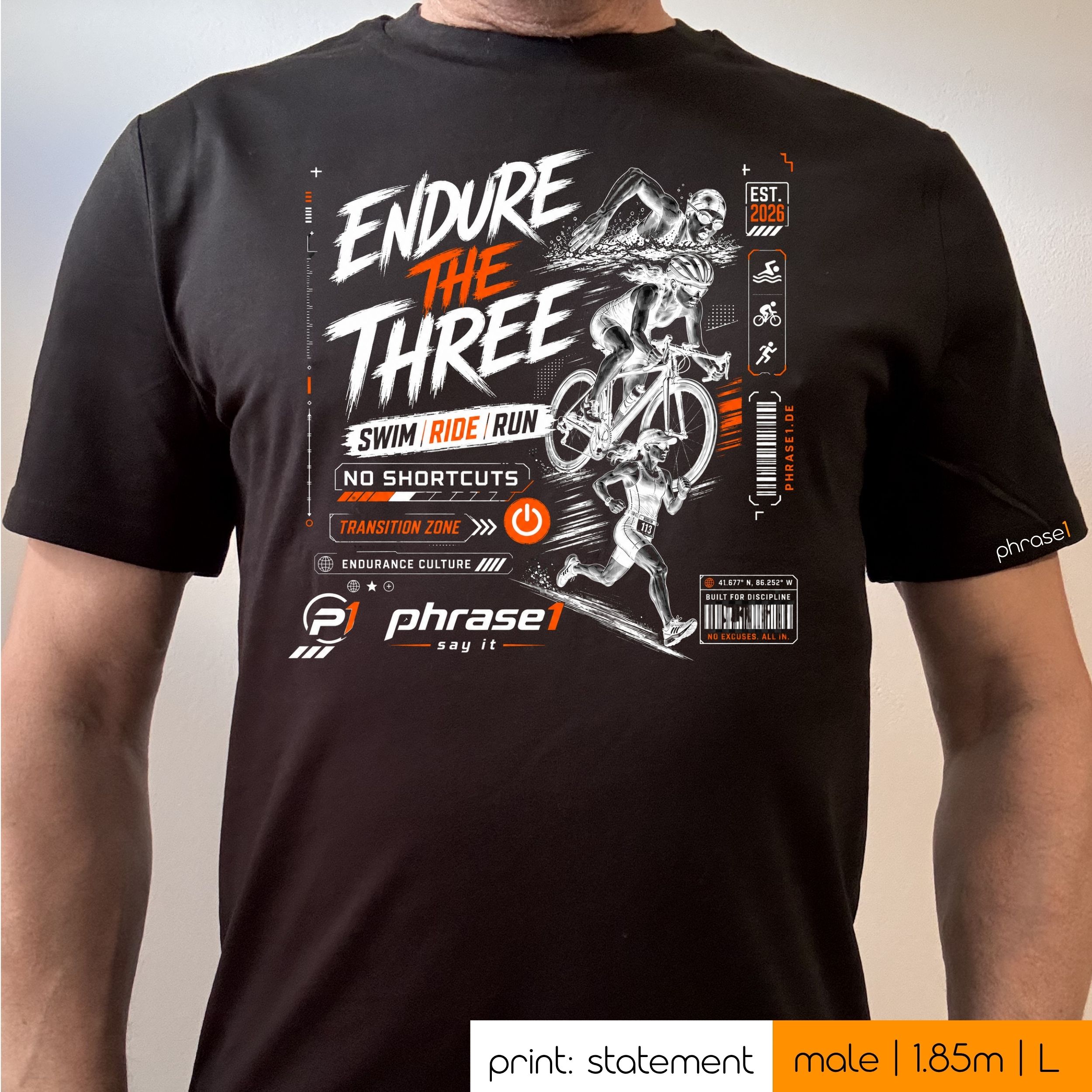Premium T-Shirt mit Visual "ENDURE THE THREE - SWIM RIDE RUN" p1 urban sportswear Premium T-Shirt mit Visual "ENDURE THE THREE - SWIM RIDE RUN" p1 urban sportswear