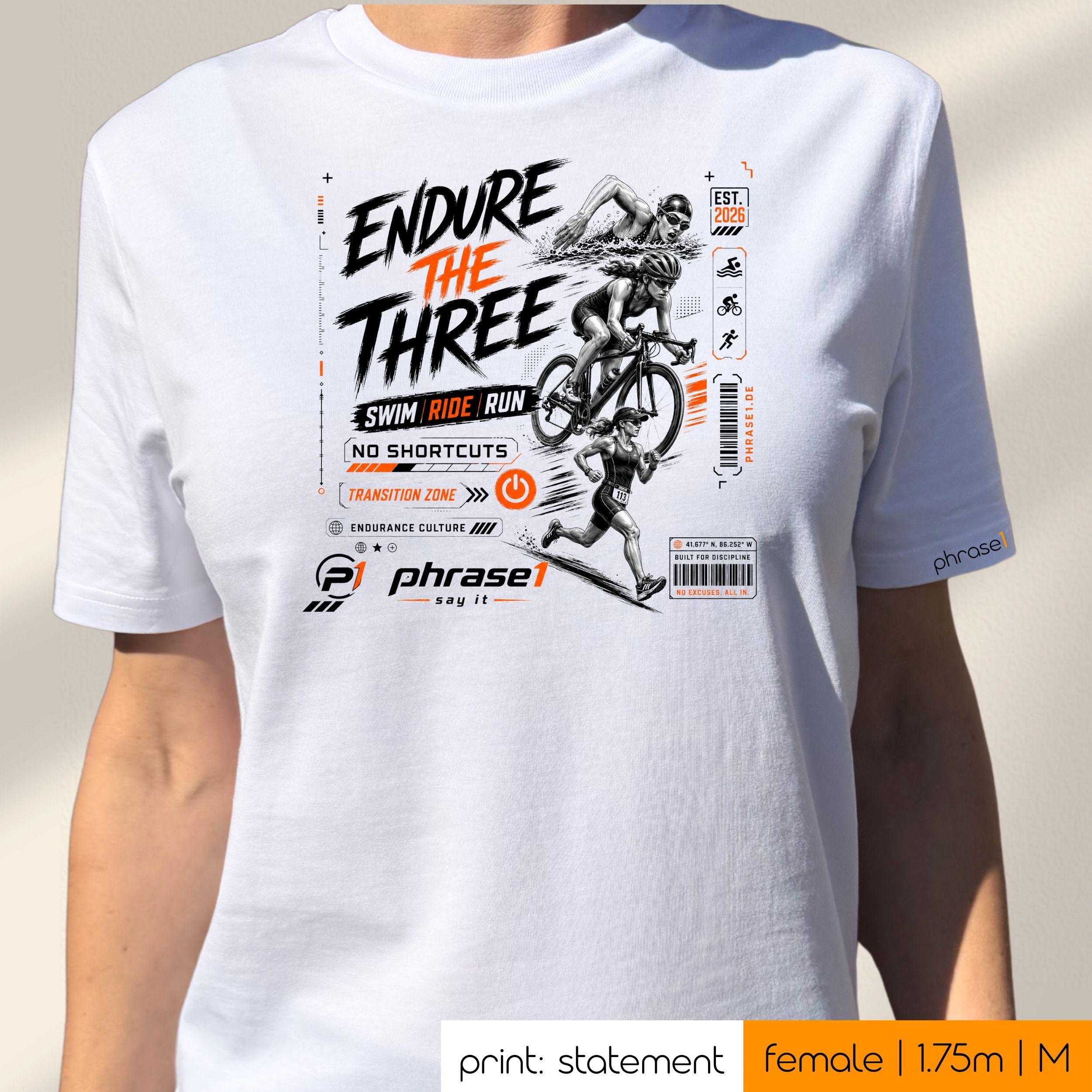 Premium T-Shirt mit Visual "ENDURE THE THREE - SWIM RIDE RUN" p1 urban sportswear Premium T-Shirt mit Visual "ENDURE THE THREE - SWIM RIDE RUN" p1 urban sportswear
