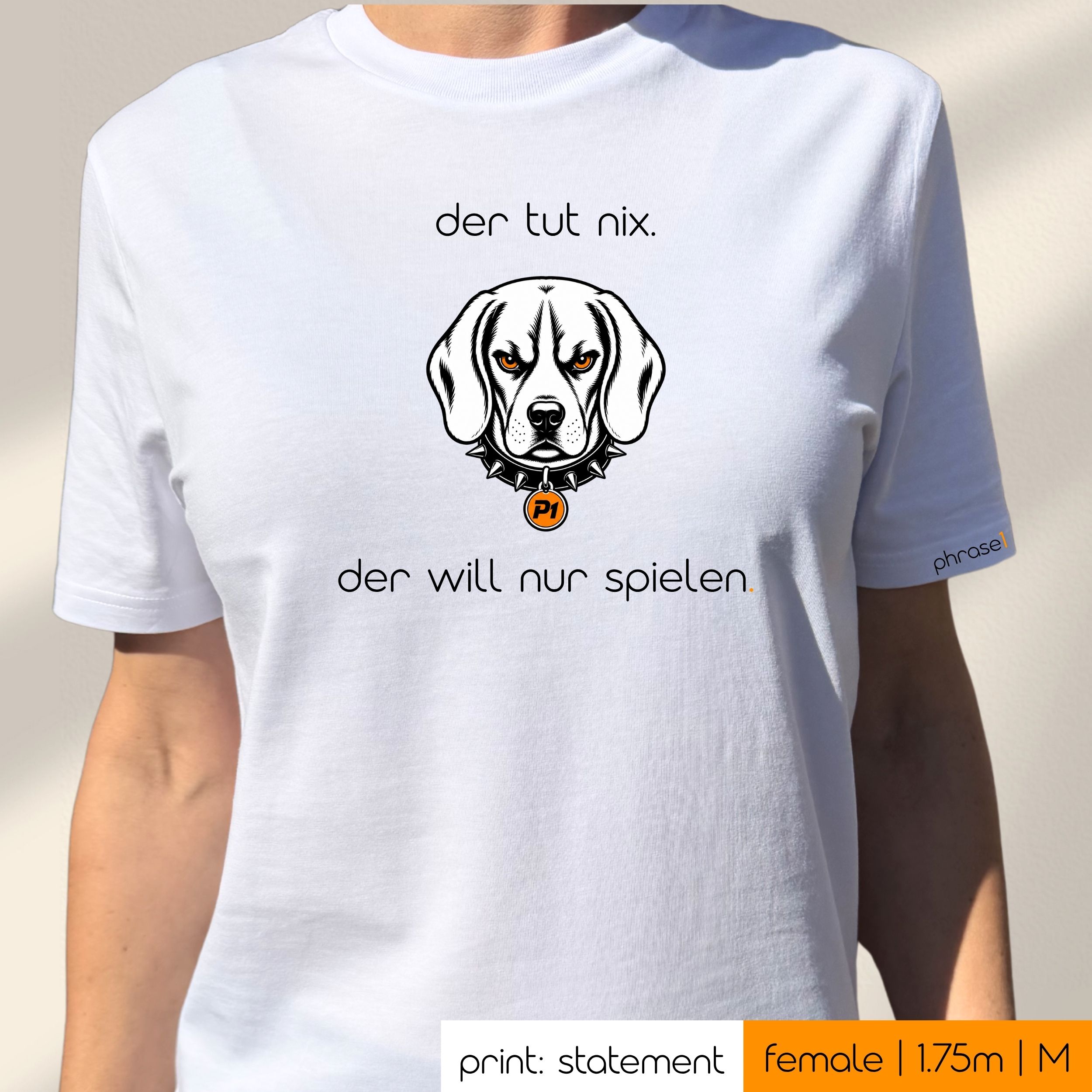 Premium T-Shirt mit Visual Beagle und Spruch „der tut nix. der will nur spielen.“