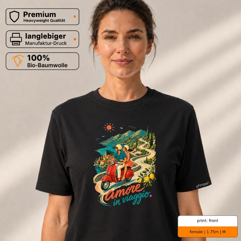 Premium T-Shirt mit „amore in viaggio.“ Italo-Motiv und Backprint „la dolce vita“ Premium T-Shirt mit „amore in viaggio.“ Italo-Motiv und Backprint „la dolce vita“