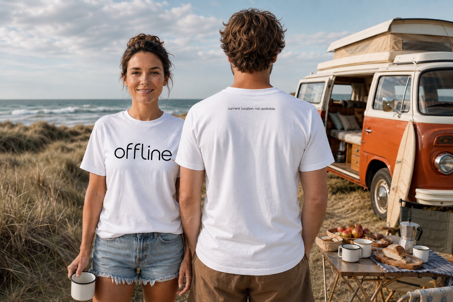 Premium T-Shirt mit Front- und Rückenprint „offline. / current location: not available.“