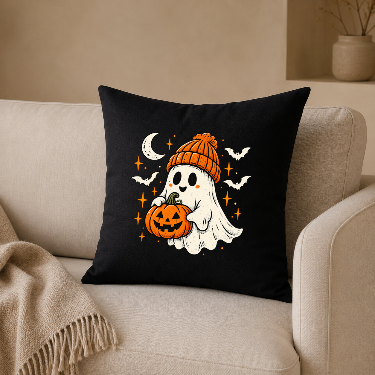 Kissenhülle „Halloween Geist mit Kürbis.“