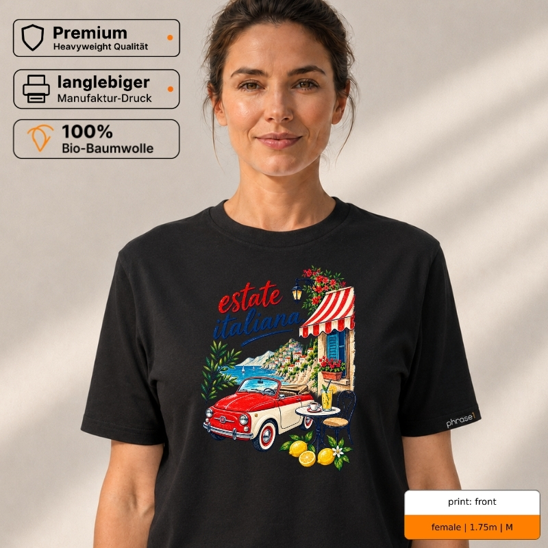 Premium T-Shirt mit „estate italiana.“ Italo-Motiv und Backprint „la dolce vita“